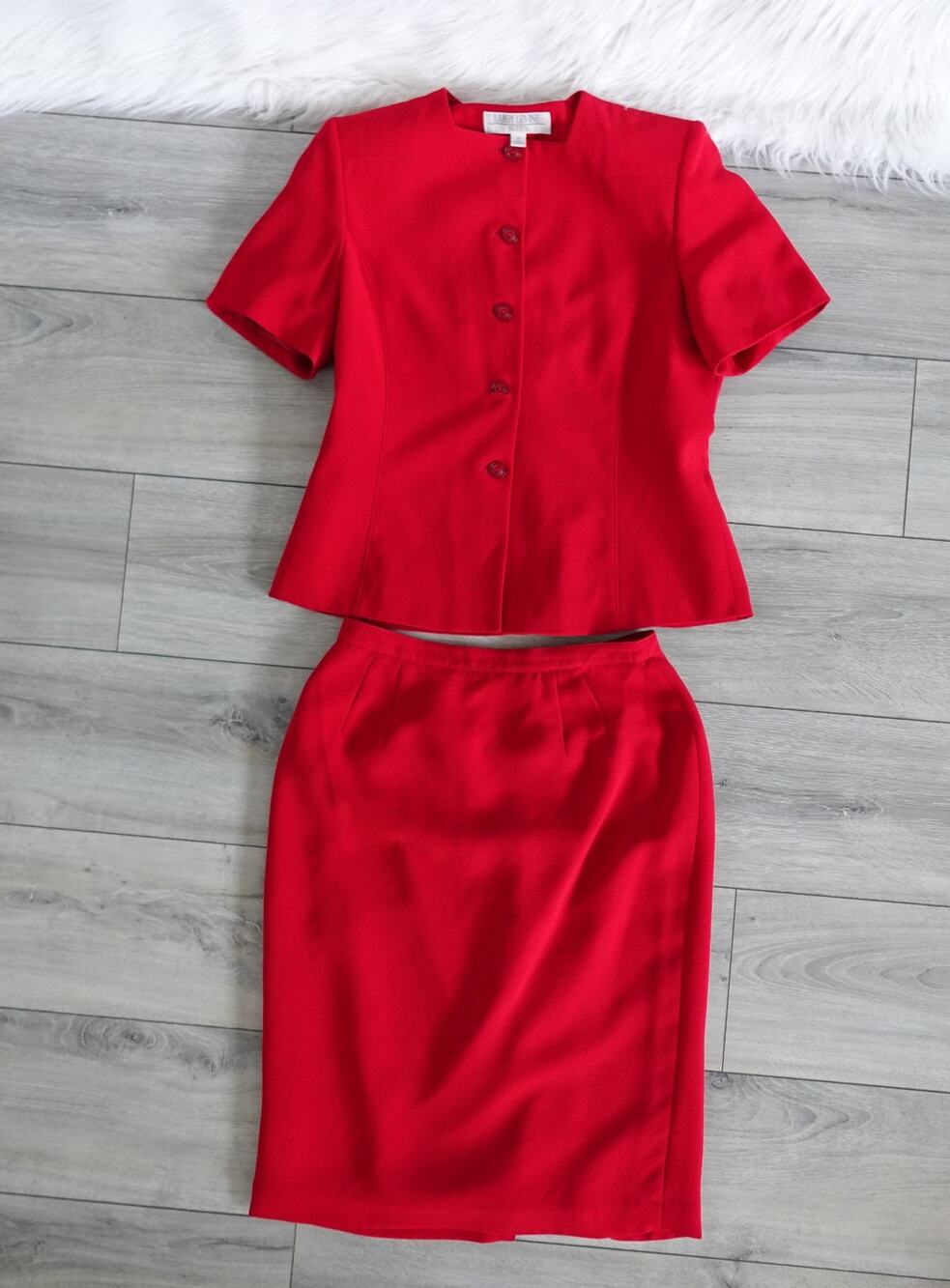 Vintage Retro 80s 90s Larry Levine Red Short Sleeve Skirt Blouse Suit Set 10